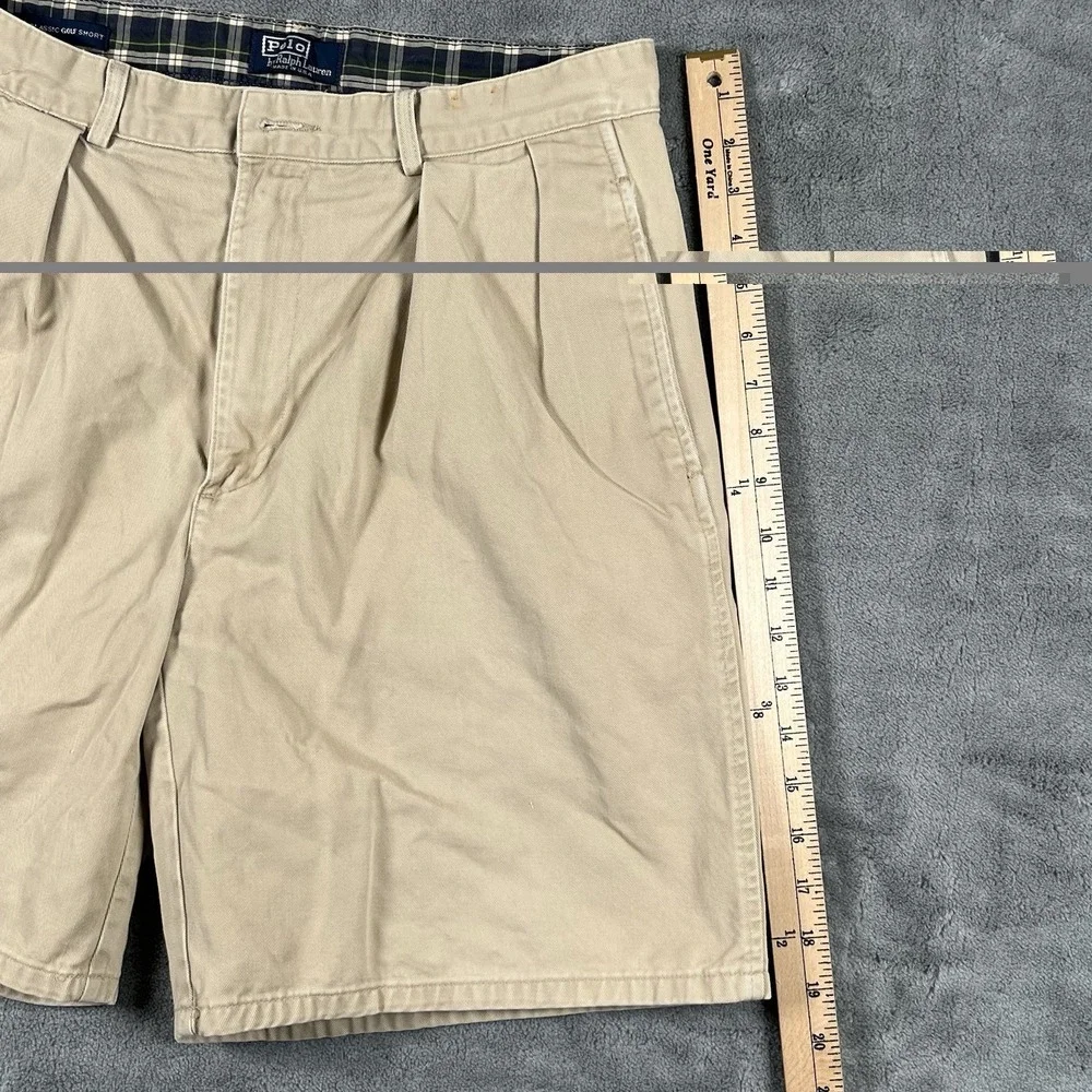VTG Polo Ralph Lauren Mens 32 Classic Golf Short Beige Pleated Chino Plaid USA